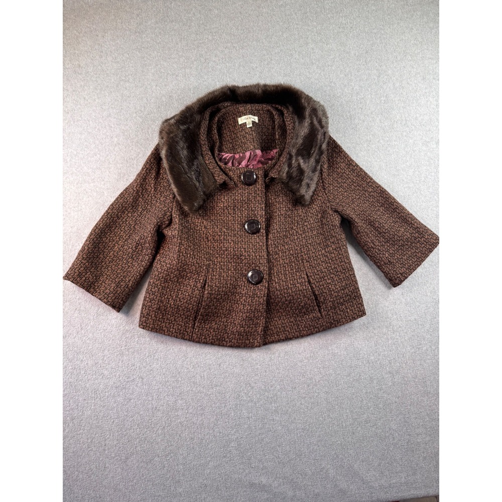 Beth Bowley Brown Wool Tweed Jacket Removable Faux Fur Collar Size 8